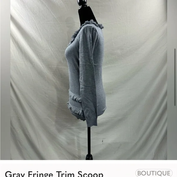 Gray Fringe Trim Scoop Neck Sweater NWOT - Picture 2 of 4